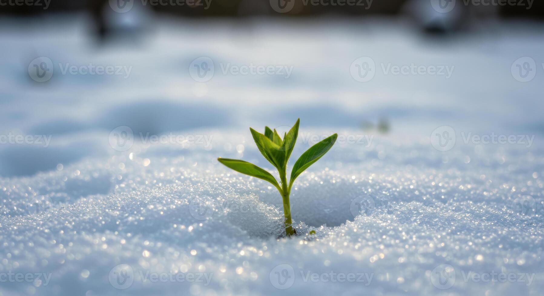 A tiny green plant bravely sprouts from a snowdrift, a symbol of resilience and the coming spring. photo