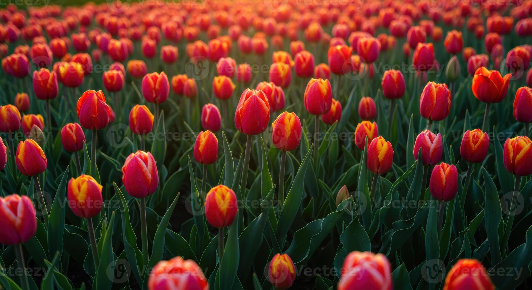 A vibrant field of red and yellow tulips glows during the sunset, creating a picturesque landscape. photo