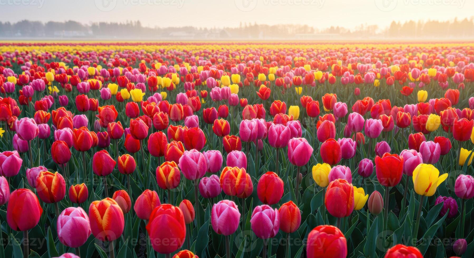 A vast tulip field bursts with color, creating a stunning springtime vista at sunrise. photo