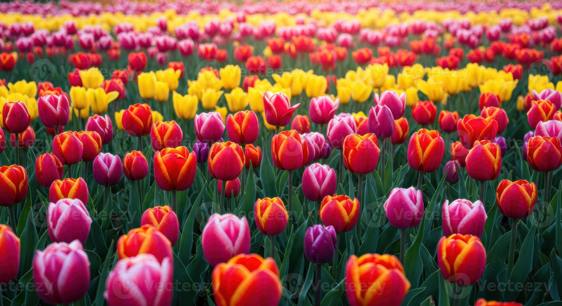 A beautiful field of vibrant tulips in red, yellow, and pink hues, blooming in the spring. photo