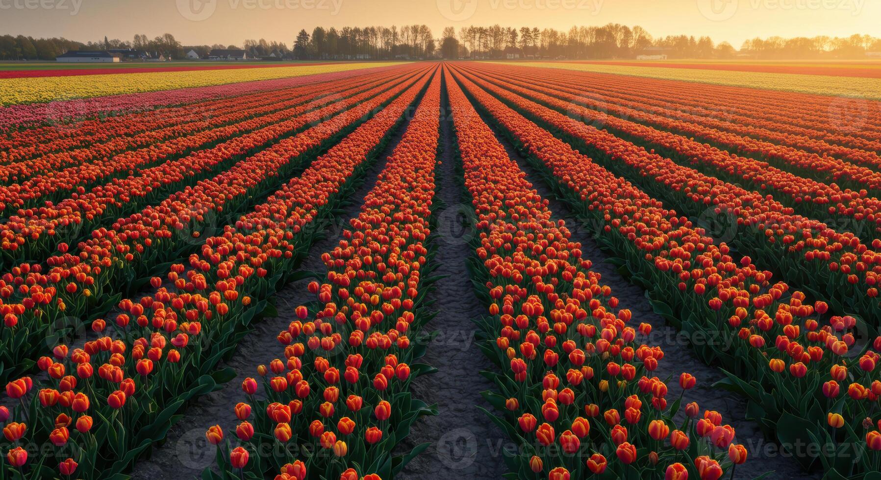 Rows of vibrant red tulips stretch endlessly into the distance under the warm glow of sunrise. photo