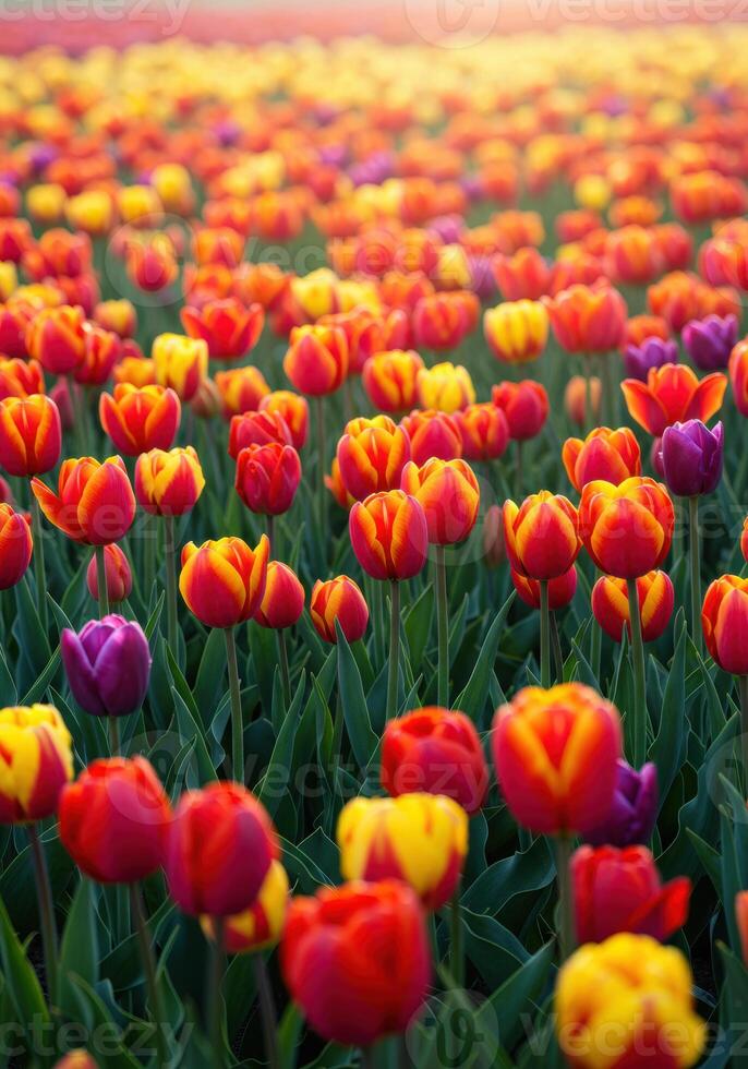 A stunning field of tulips showcases a vibrant mix of red, yellow, and purple, creating a colorful spring scene. photo
