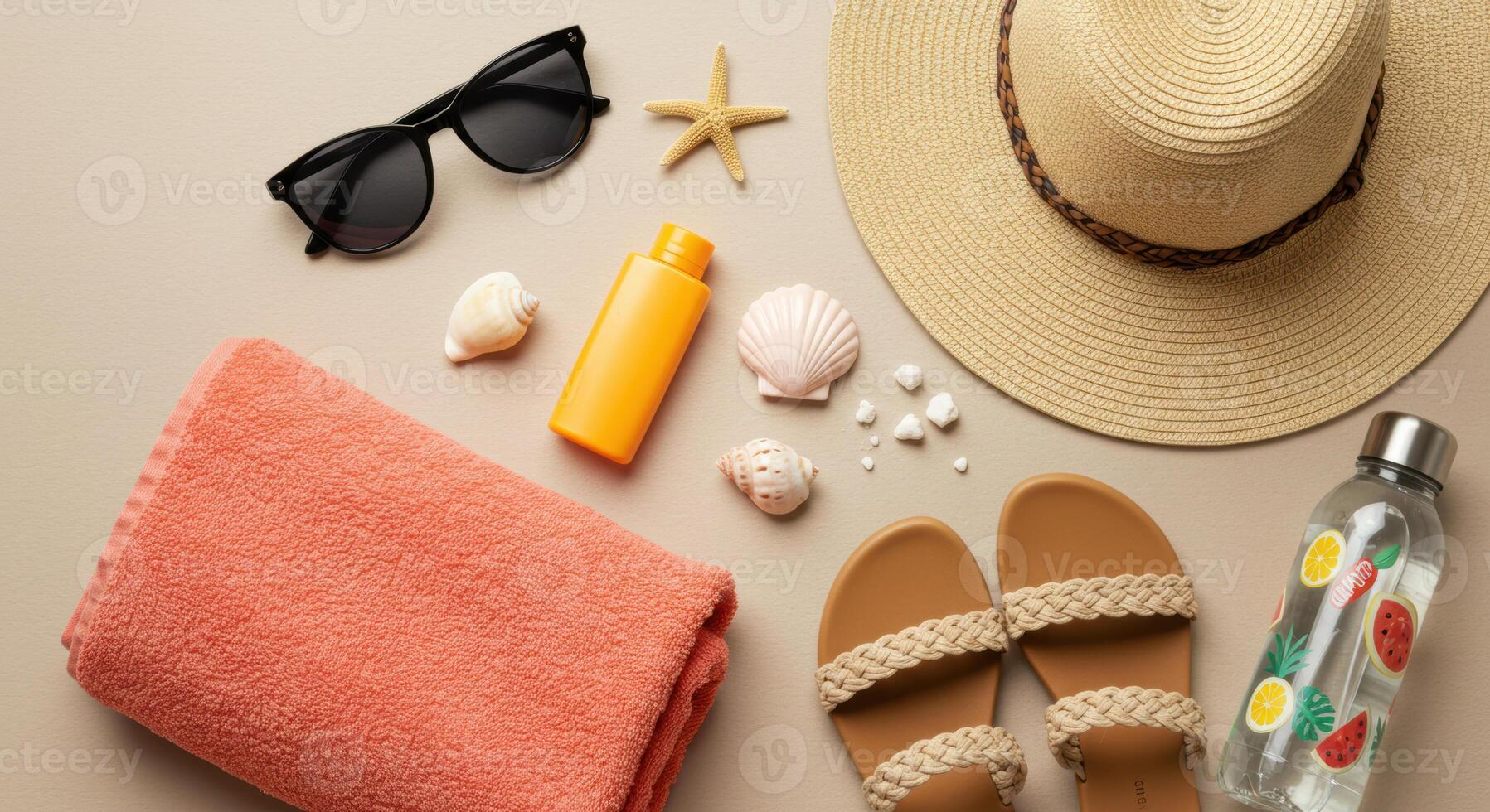 Beach essentials arranged in a visually appealing flat lay evoke the feeling of a relaxing summer vacation. photo