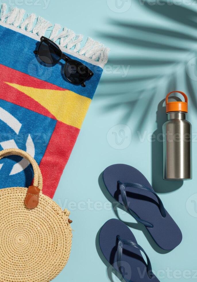 Beach essentials arranged in a flat lay, showcasing a colorful towel, sunglasses, and a water bottle. photo