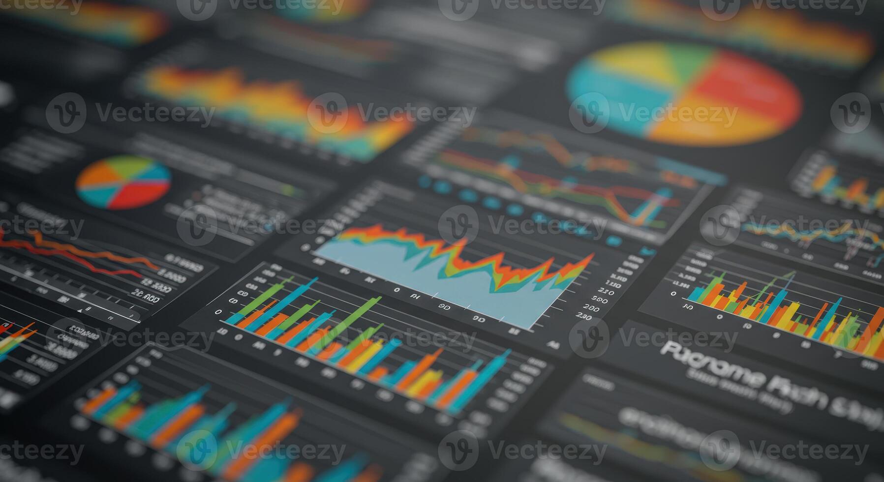 An array of business graphs and charts displayed on a dark digital interface for data analysis. photo