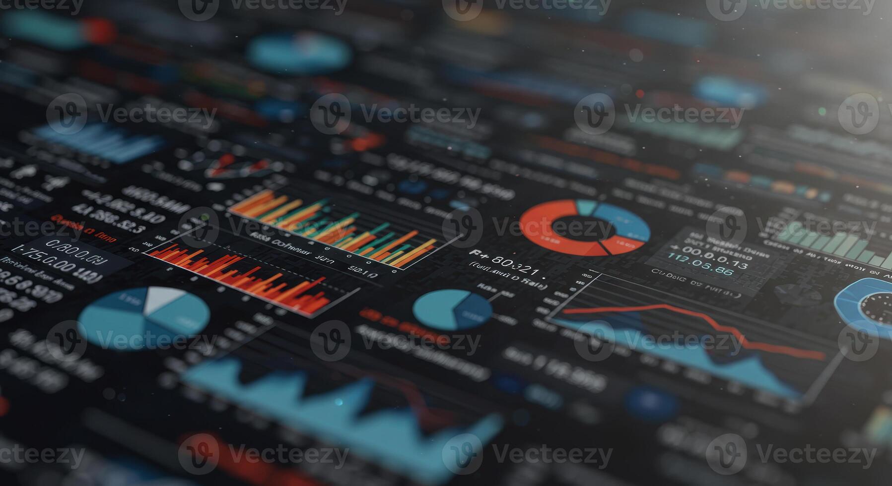 Detailed financial data analysis shown on a dark display screen with various graphs and charts. photo