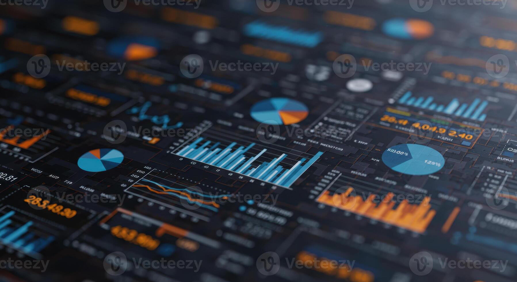 An abstract digital dashboard display shows data charts, graphs, and tables for business intelligence. photo
