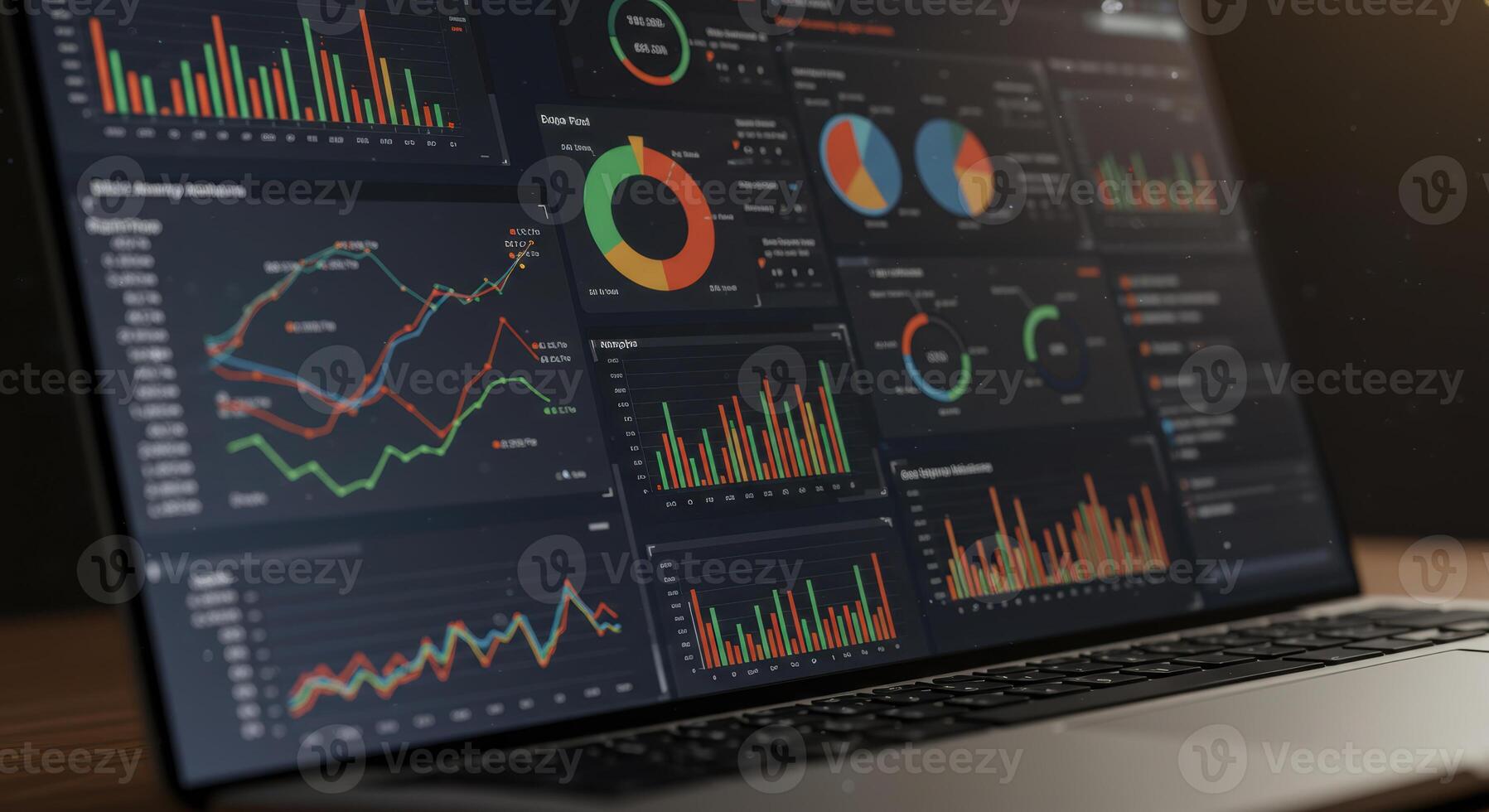 On a laptop, comprehensive dashboards visualize business data, presenting charts and graphs photo