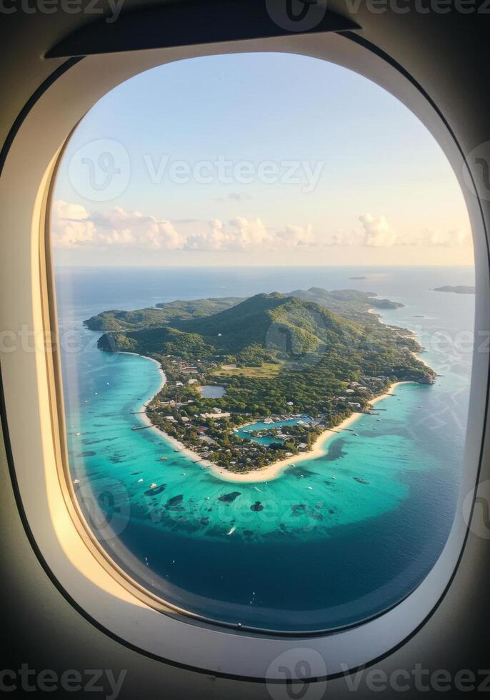 A breathtaking view of a tropical paradise island from an airplane window captures the beauty of travel. photo