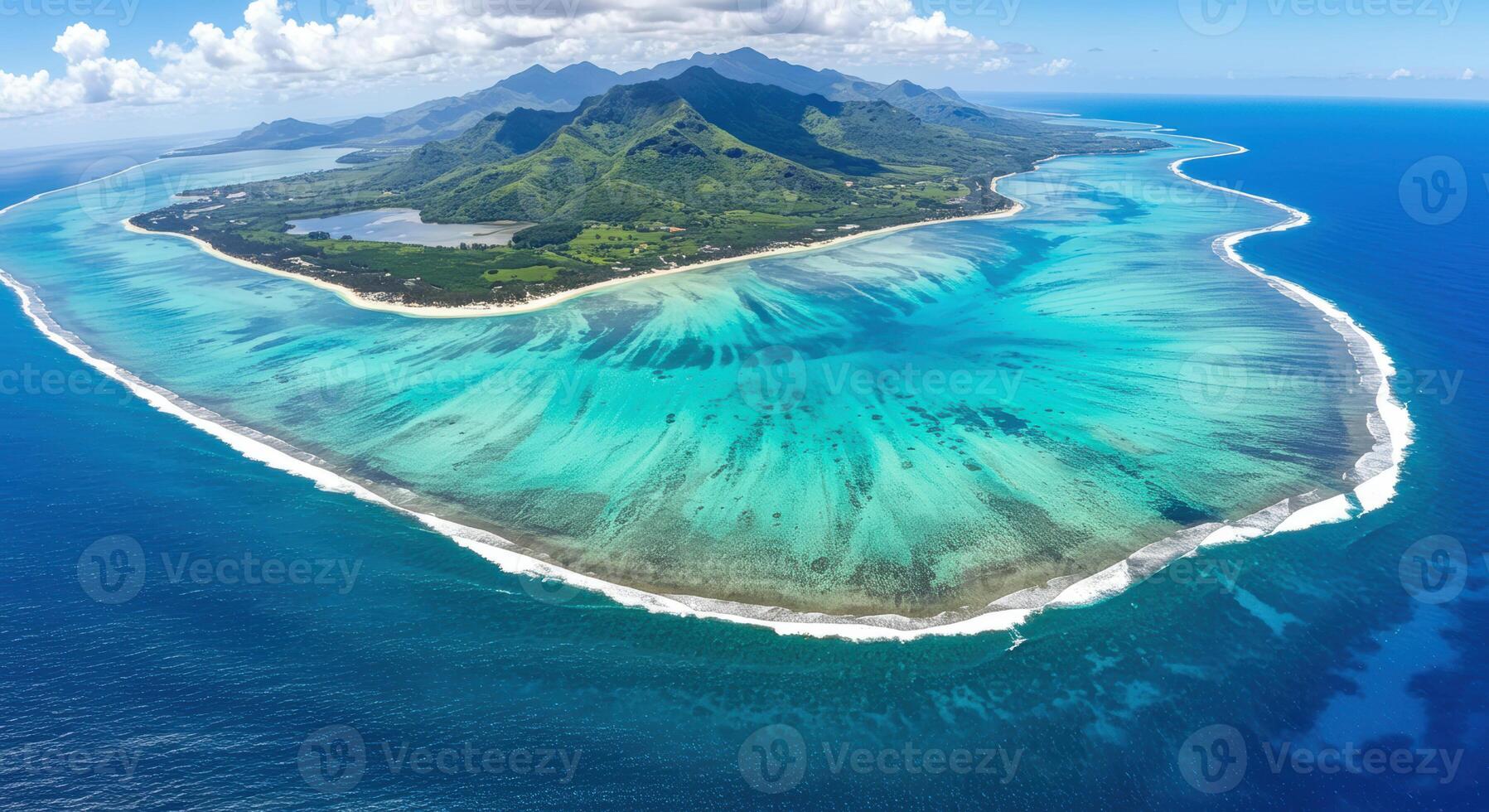 Breathtaking aerial view of Mauritius' turquoise coast, fringed by a vibrant reef and mountains. photo