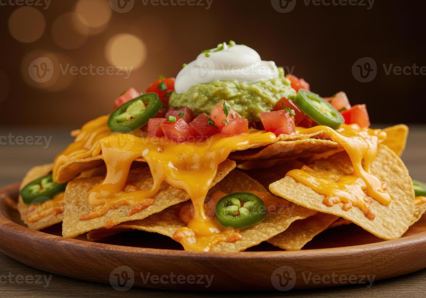 A mouthwatering pile of nachos piled high with cheese, guacamole, sour cream, and jalapenos on a wooden plate. photo