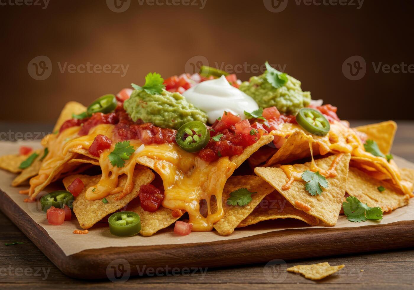 A tempting plate of fully loaded nachos with all the fixings, ready to enjoy as a snack. photo