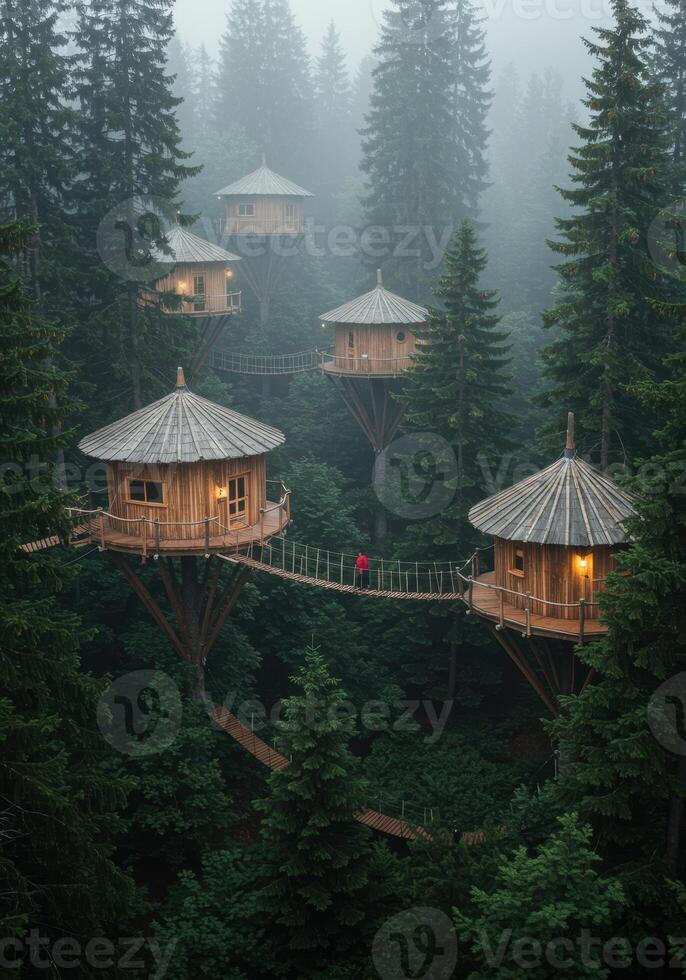 A lone traveler crosses a rope bridge connecting charming treehouses nestled in a misty forest. photo
