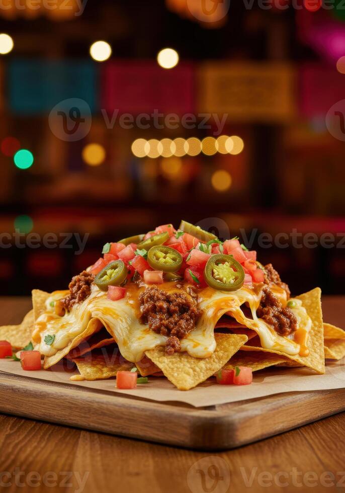 Close-up of cheesy nachos with beef, tomatoes, and jalapenos, served on a wooden board in a restaurant. photo