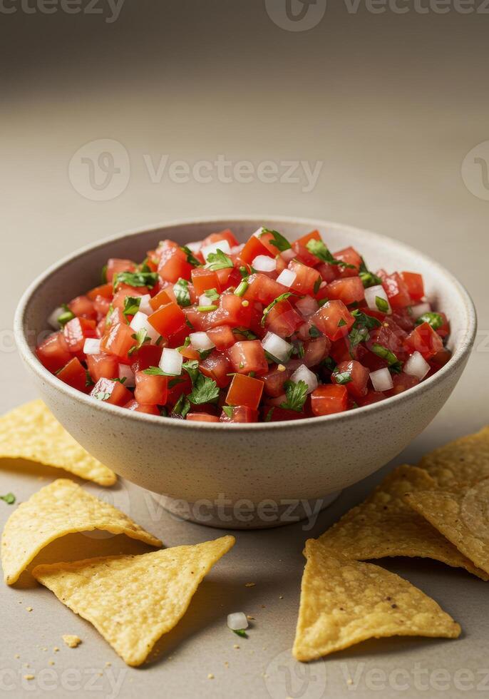 A fresh bowl of pico de gallo with diced tomatoes and onions, accompanied by tortilla chips. photo