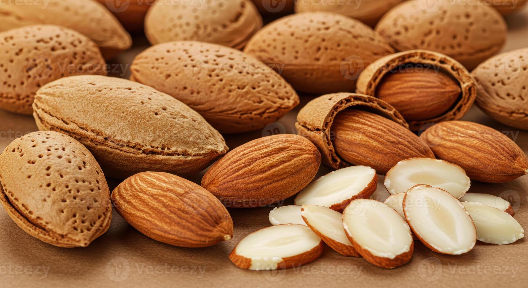 A lovely display of fresh almonds in their shells, alongside shelled and sliced almonds on a neutral surface. photo