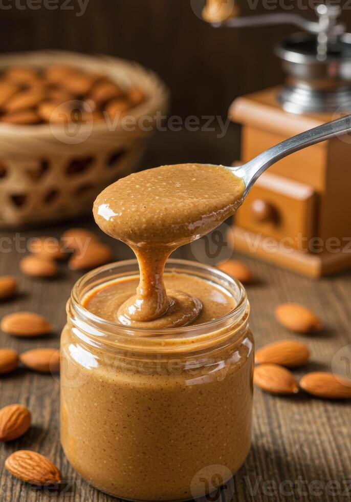 A spoonful of freshly made almond butter drips into a jar, accompanied by a rustic grinder. photo
