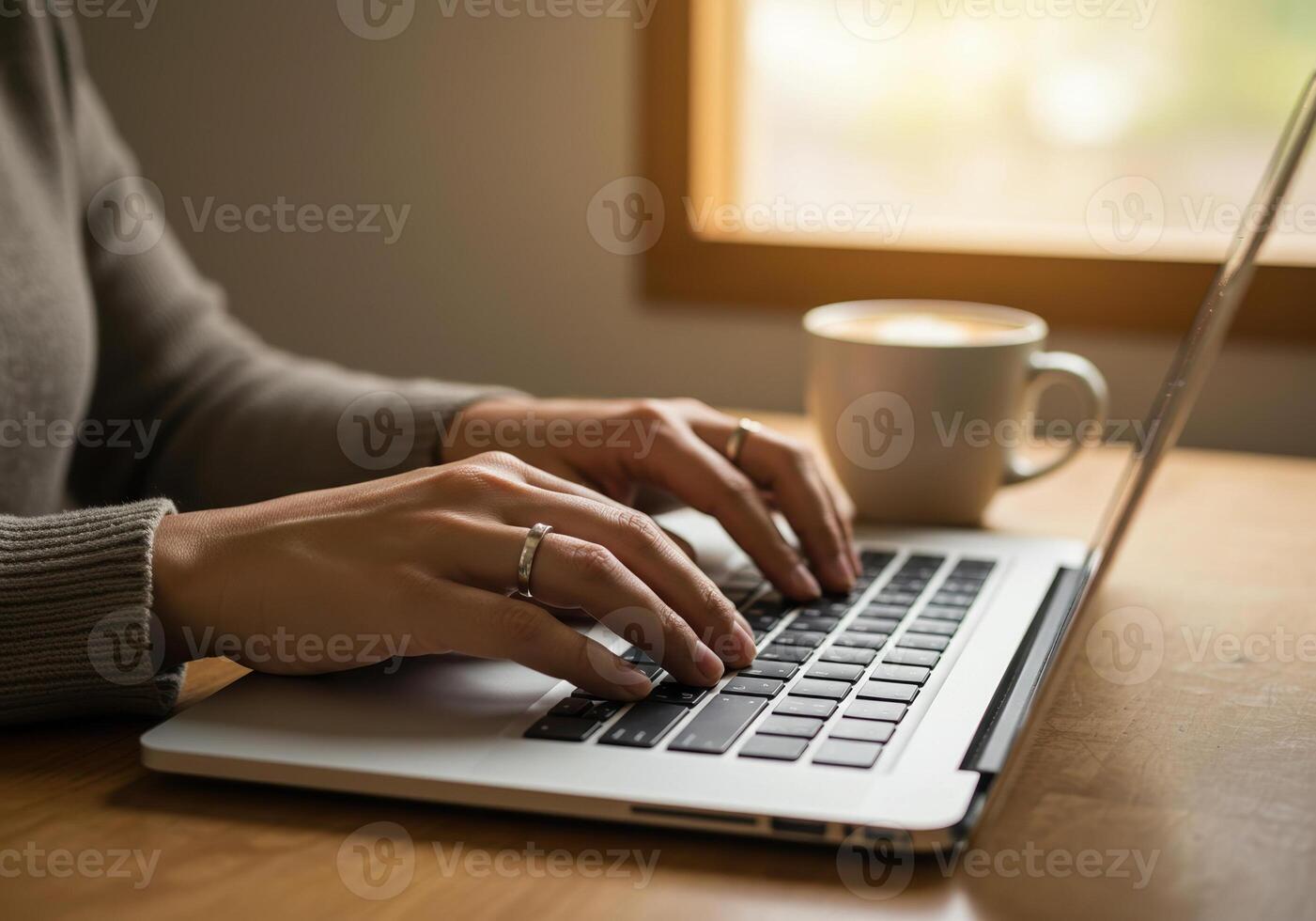 A woman is typing on her laptop while enjoying a cup of coffee in a relaxed setting. photo