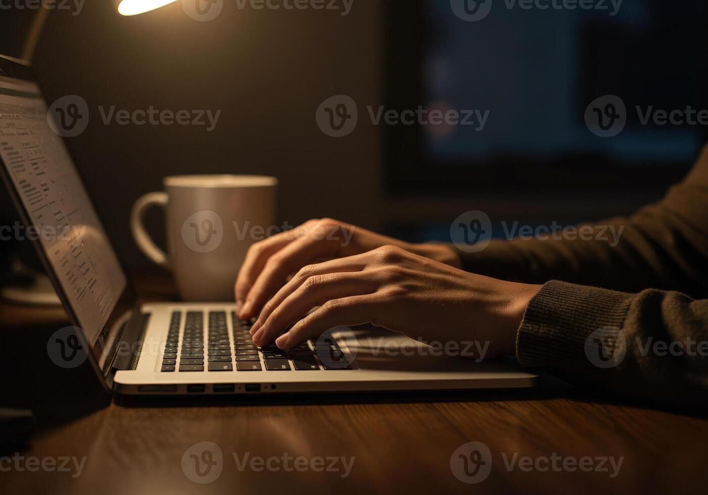 Hands type on a laptop keyboard next to a comforting mug in a wa photo