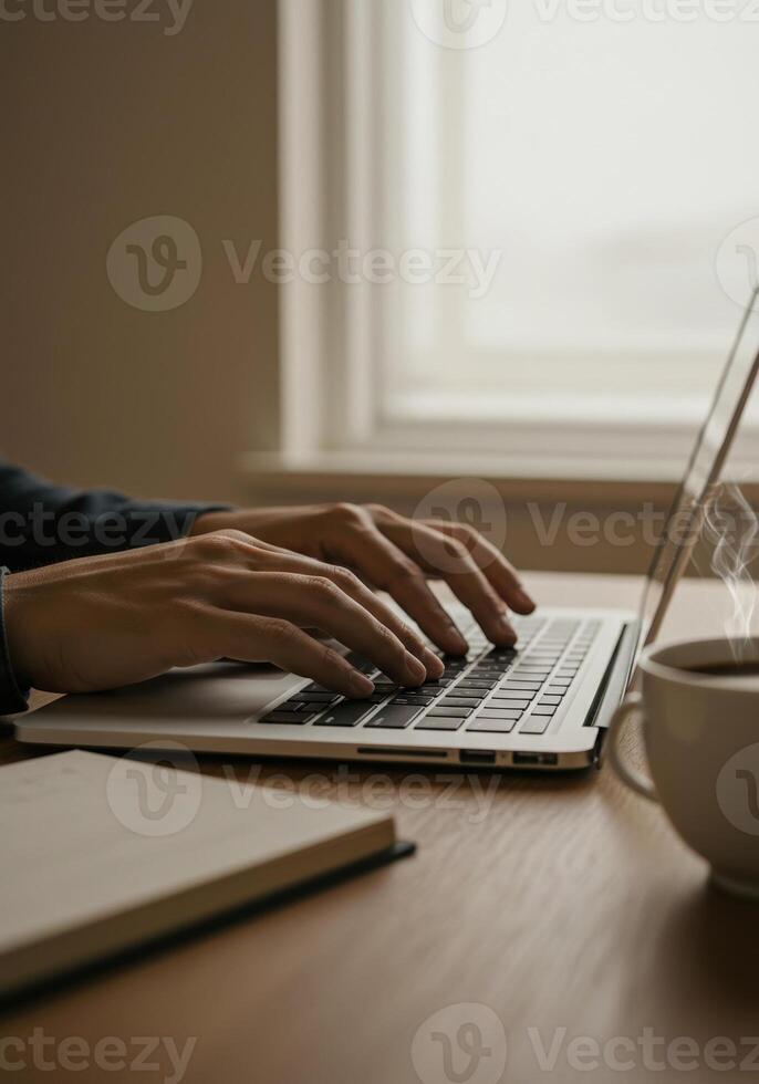 A person's hands are actively typing on a laptop, accompanied by coffee and a notebook. photo