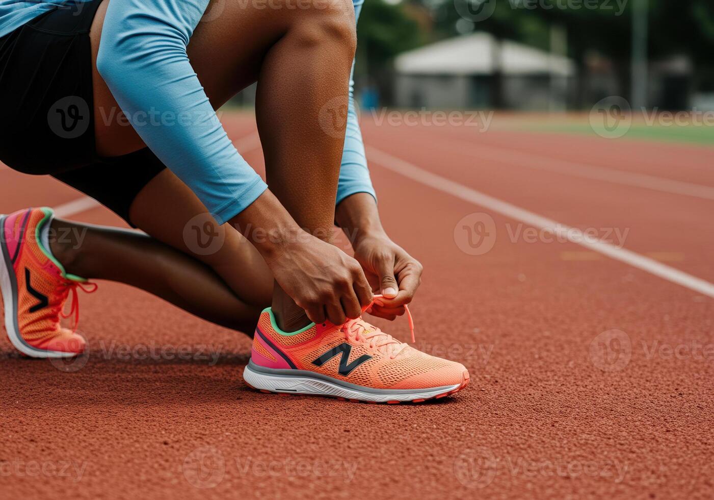 Man tying his orange running shoes, poised on a track, ready for a race event photo