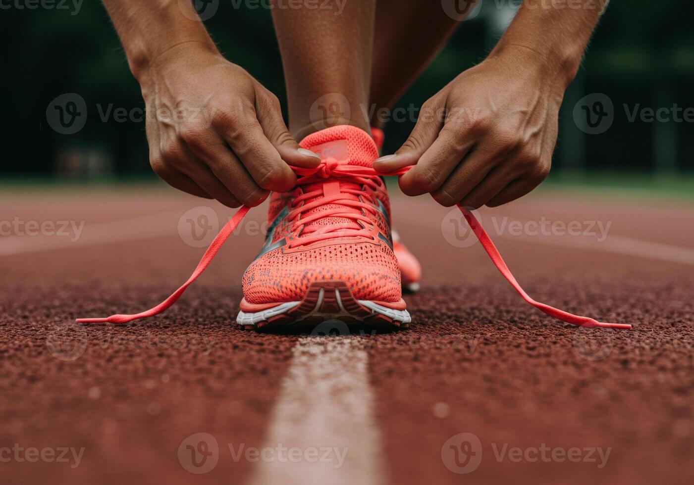 A runner is tying the shoelaces of their orange running shoes on a red running track photo