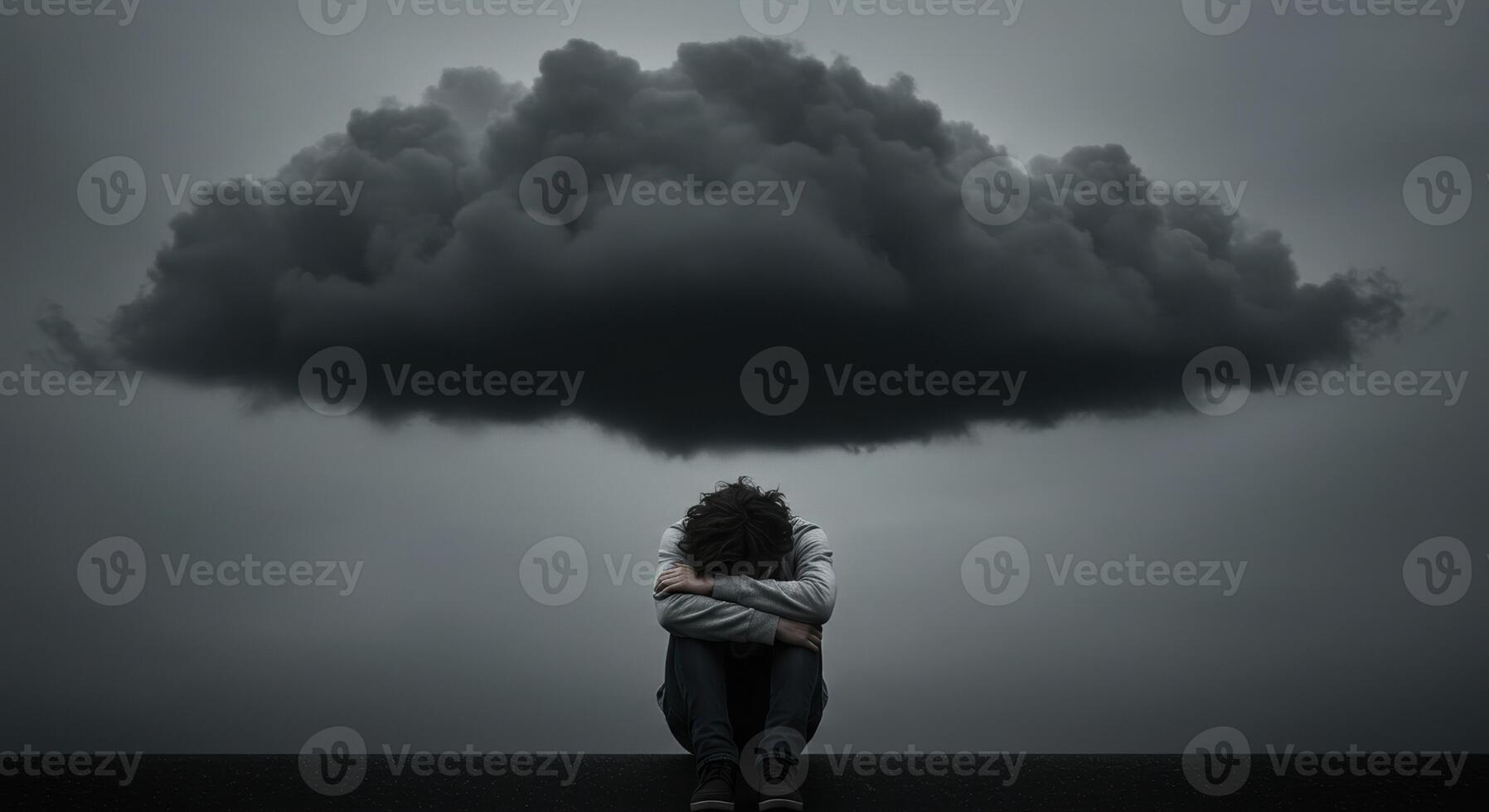 Under a dark cloud, a symbolic representation of the weight of sadness and mental health challenges. photo