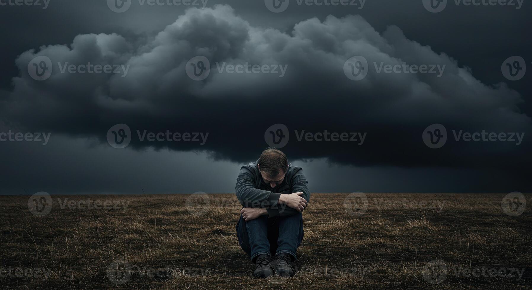 A solitary man grapples with his emotions beneath a heavy, ominous cloud photo