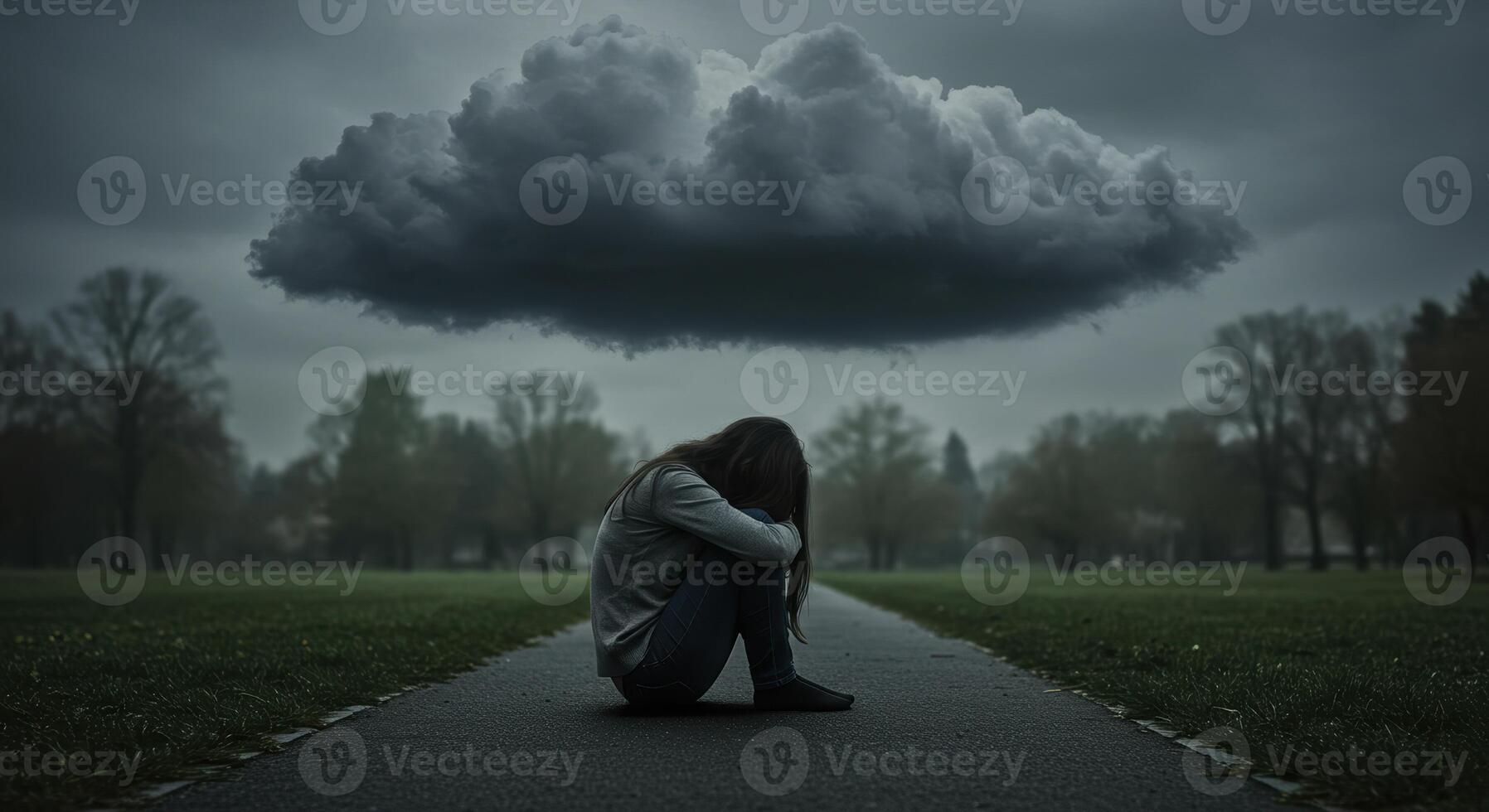 Under a dark cloud, a woman reflects on feelings of sadness and solitude in the quiet park. photo