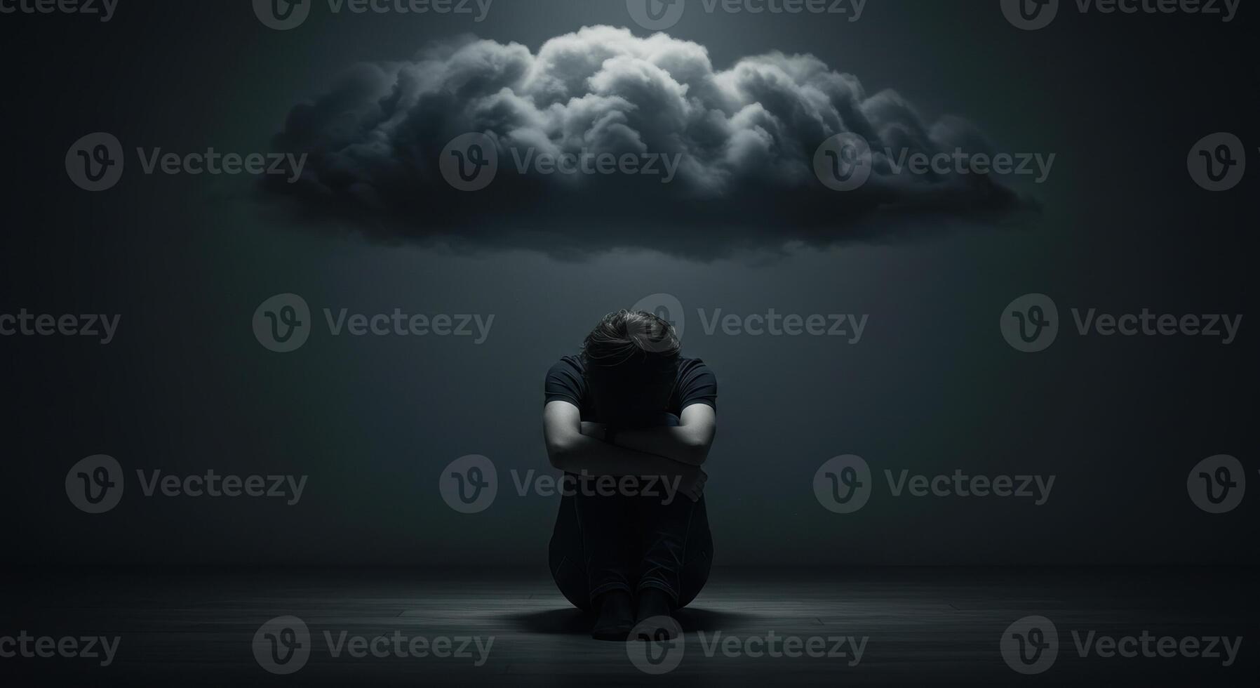 Under a dark cloud, a person struggles with anxiety and depression, reflecting a mental health crisis. photo