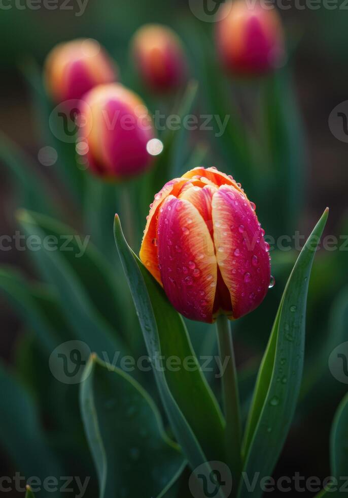 A close-up of a single red and yellow tulip covered with dewdrops in a lush green garden. photo