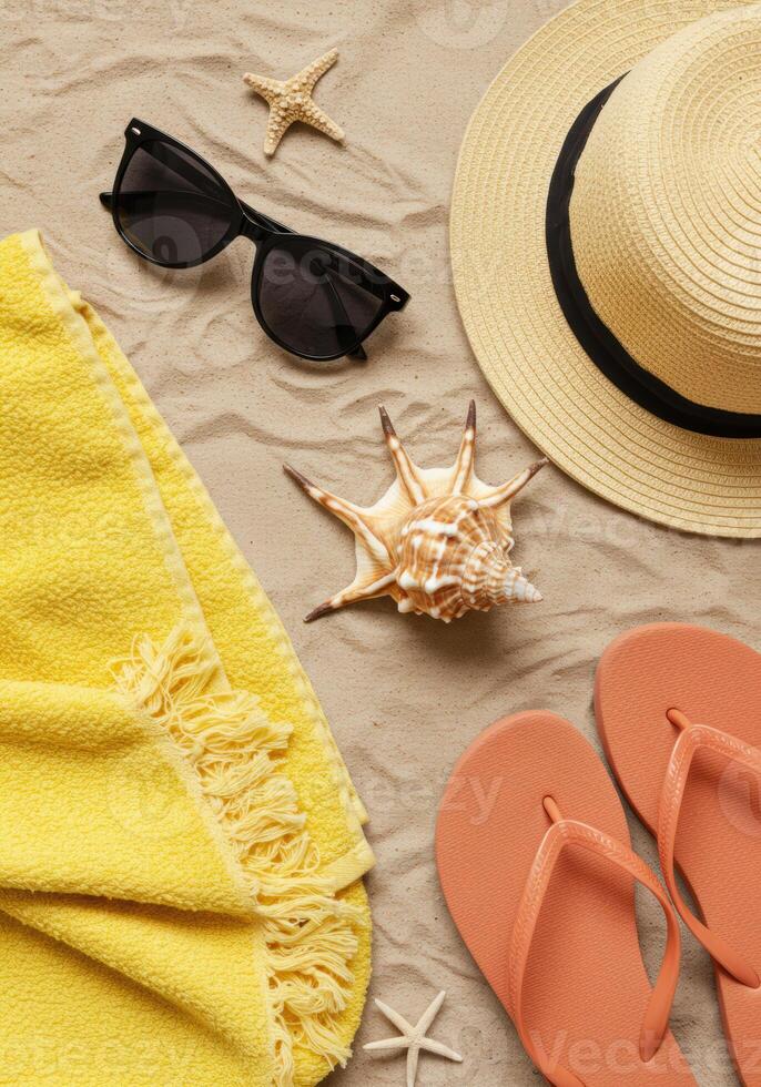 Beach day essentials are laid out on the sand, creating a scene of summer vacation relaxation. photo