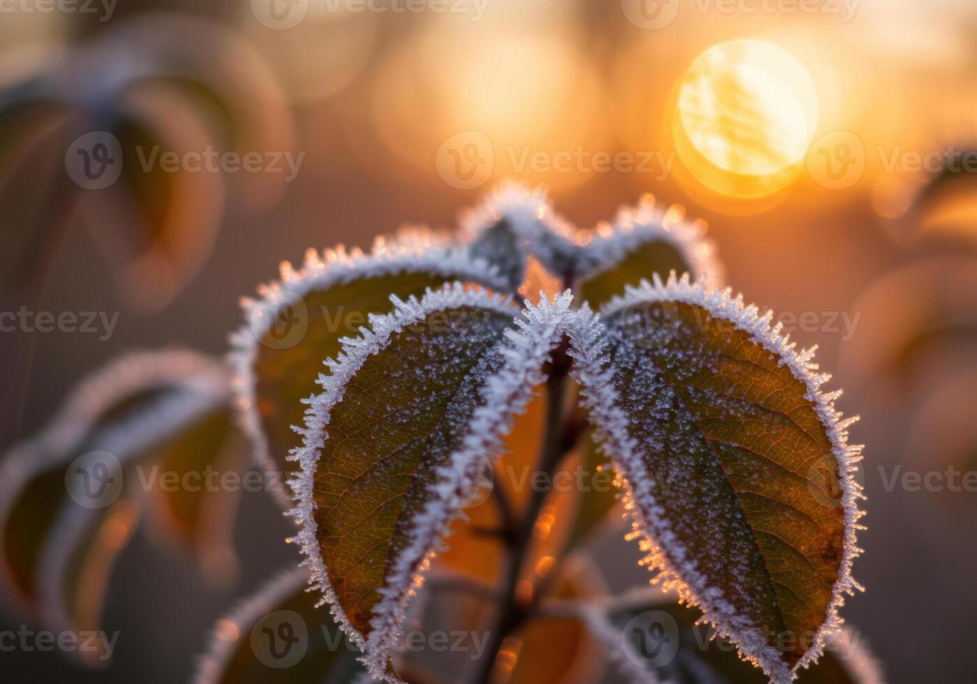 Delicate frost crystals adorn autumn leaves, sparkling gently in the warm, rising sunlight. photo