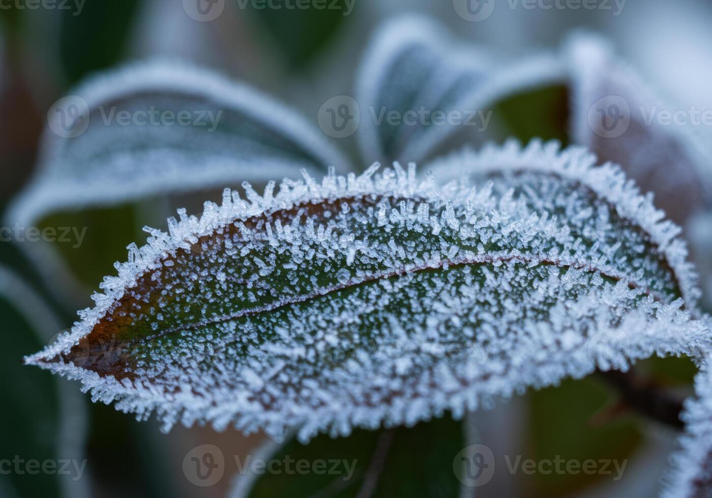 A beautiful close-up shows delicate frost crystals covering a green leaf, marking the arrival of winter. photo