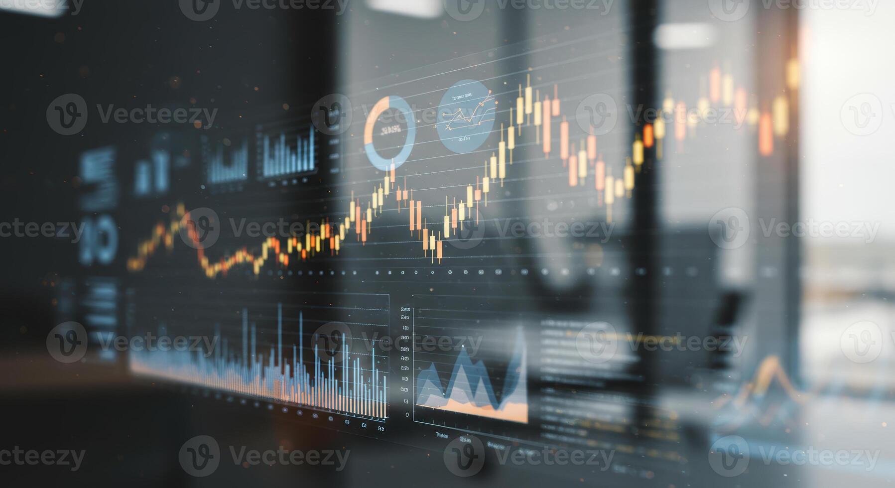 Financial data streams across a transparent screen, showcasing real-time stock market analysis and investment trends. photo