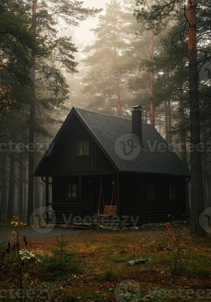 A charming log cabin with a swing stands serenely amid a misty forest of towering pine trees. photo