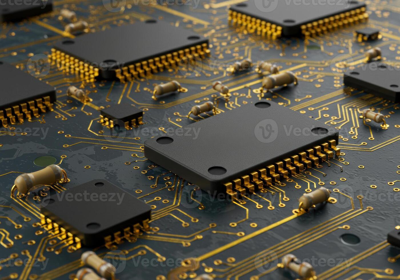 A detailed close-up of a sophisticated circuit board displaying advanced electronic components. photo