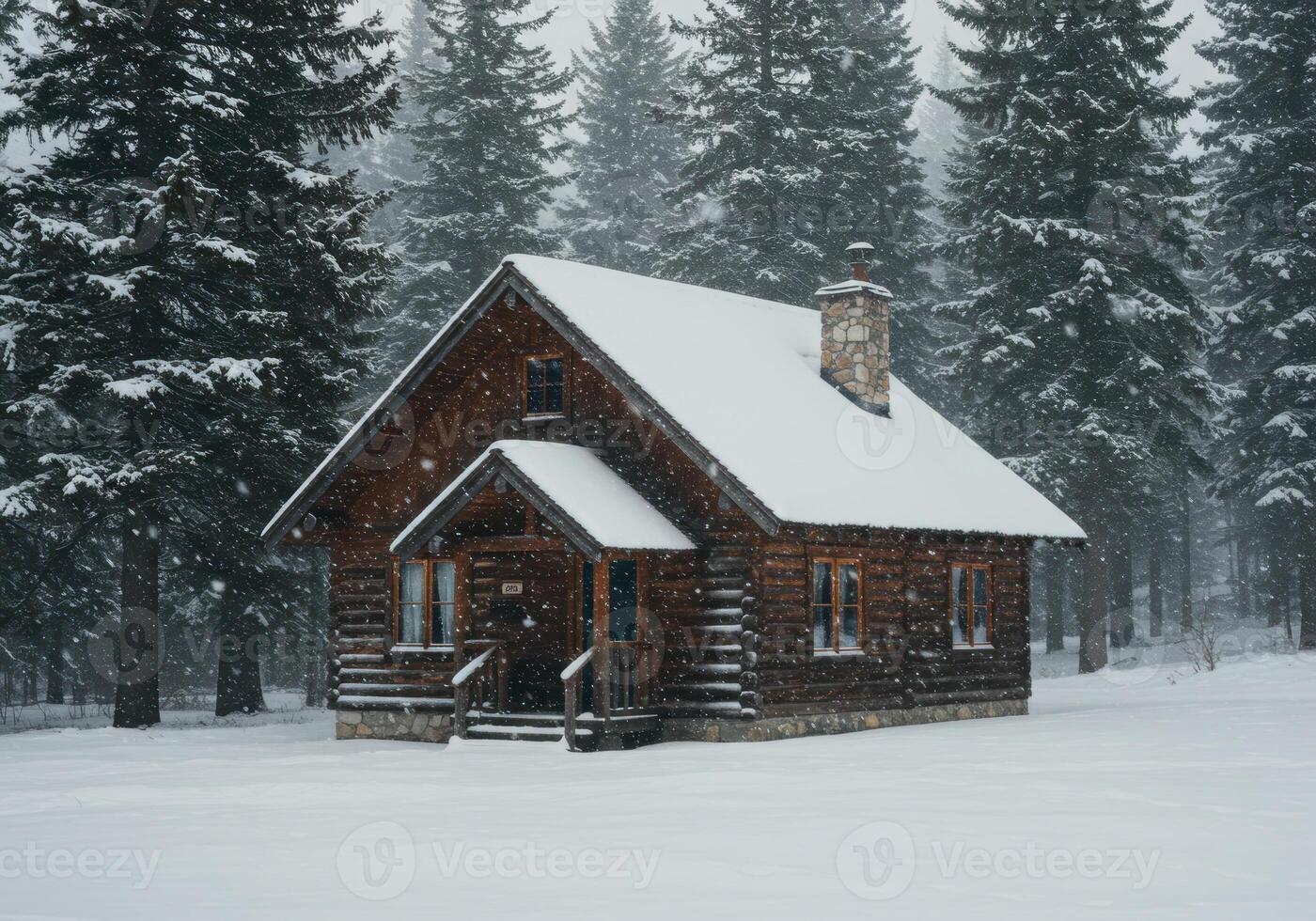 A charming log cabin surrounded by snow-covered evergreen trees during a gentle snowfall. photo