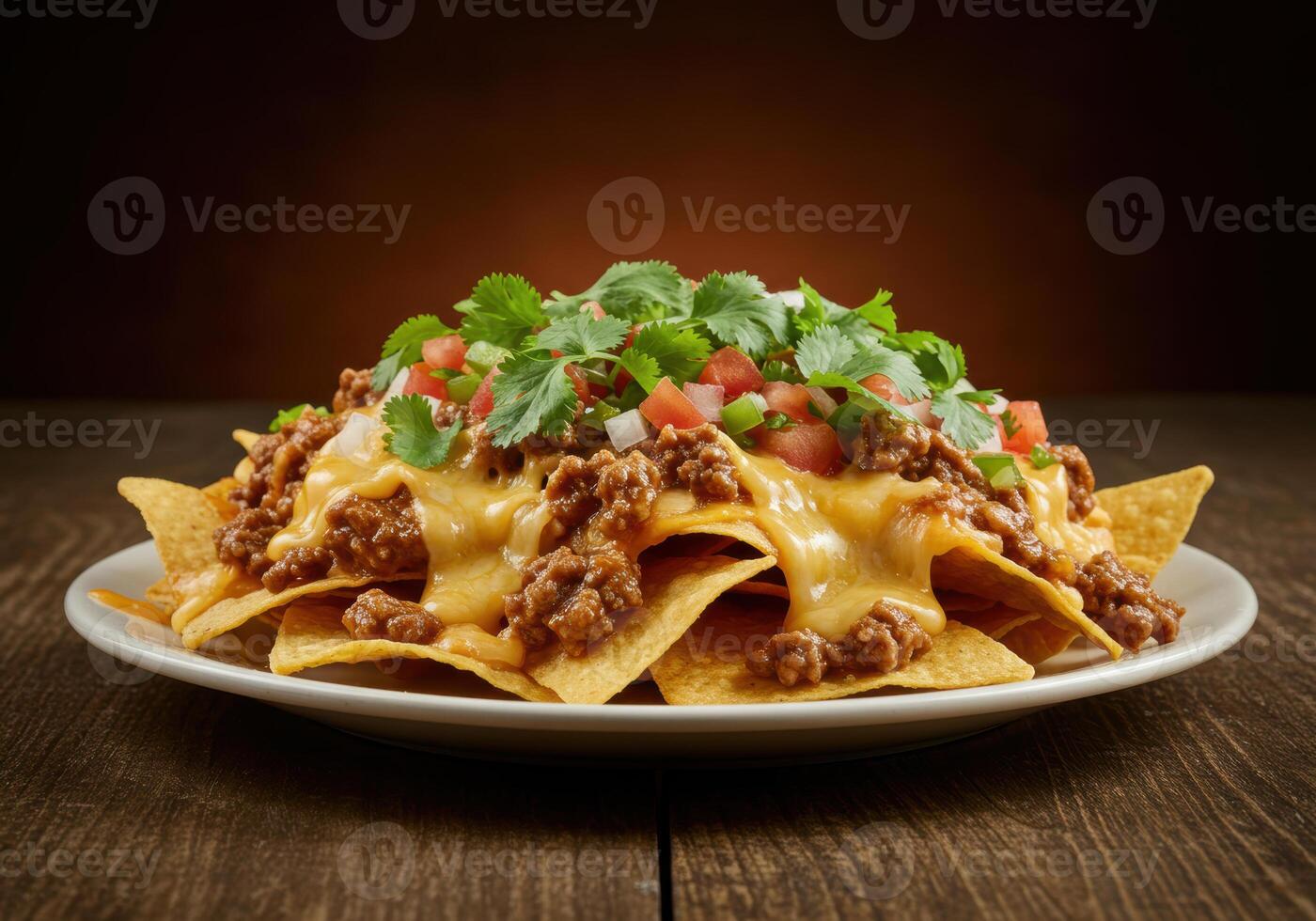 Loaded beef nachos piled high with melted cheese, fresh cilantro, and diced tomatoes on a white plate. photo