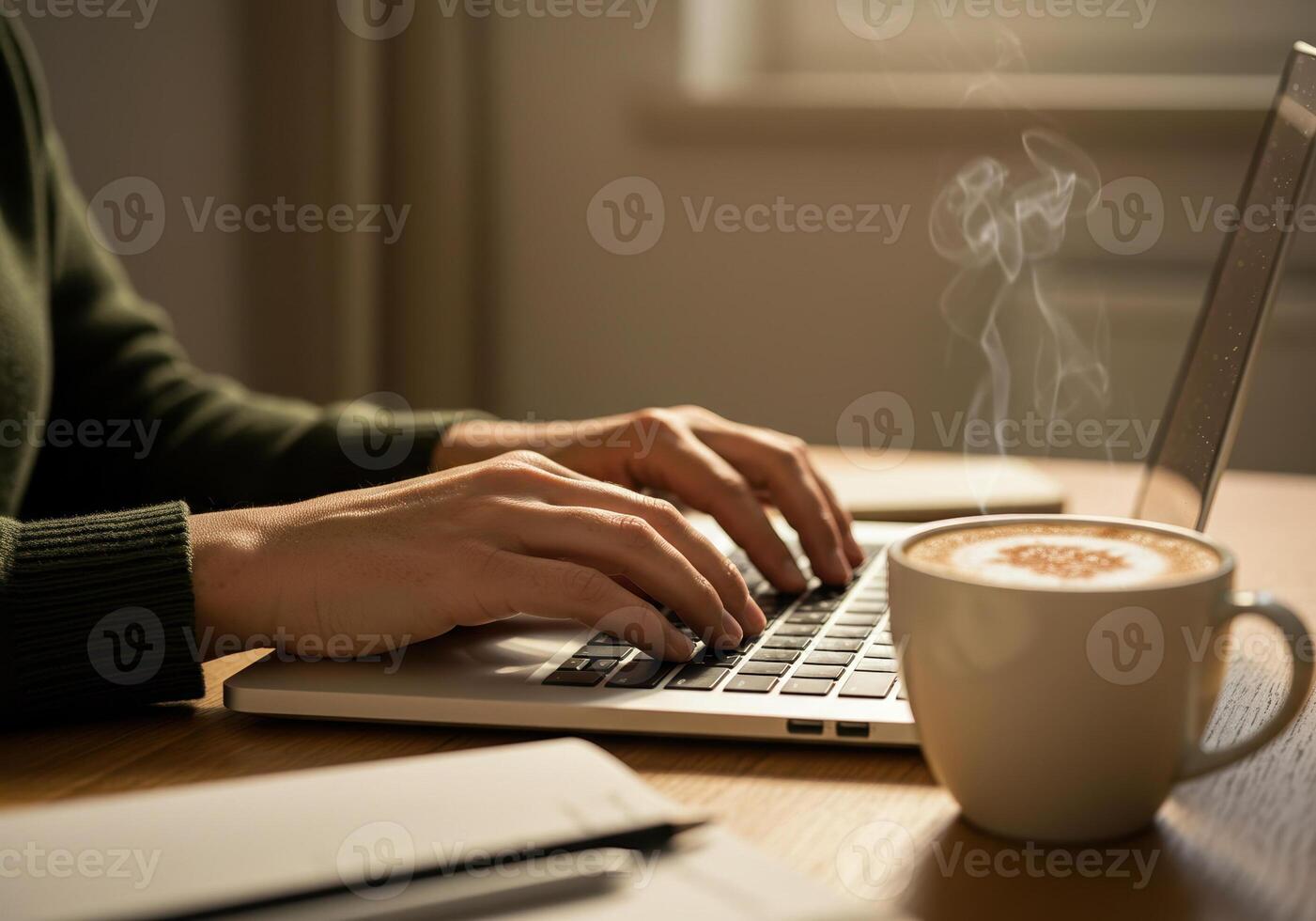 Hands type on a laptop next to a steaming cappuccino cup, creating a focused work scene photo