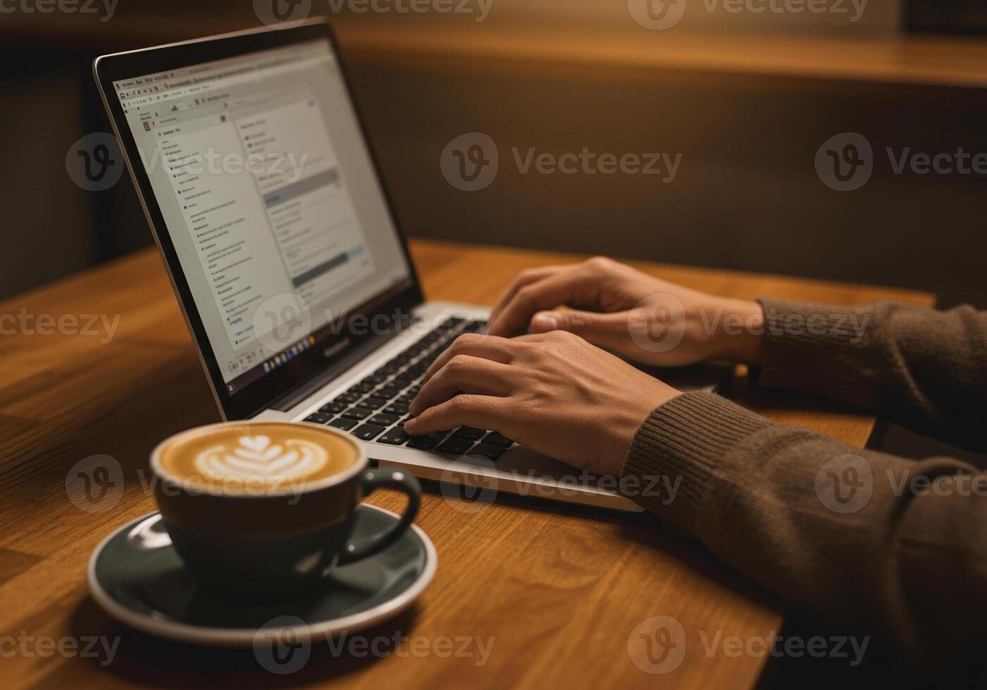 A woman works on her laptop at a cafe with a latte on the table, fostering a productive and cozy atmosphere photo