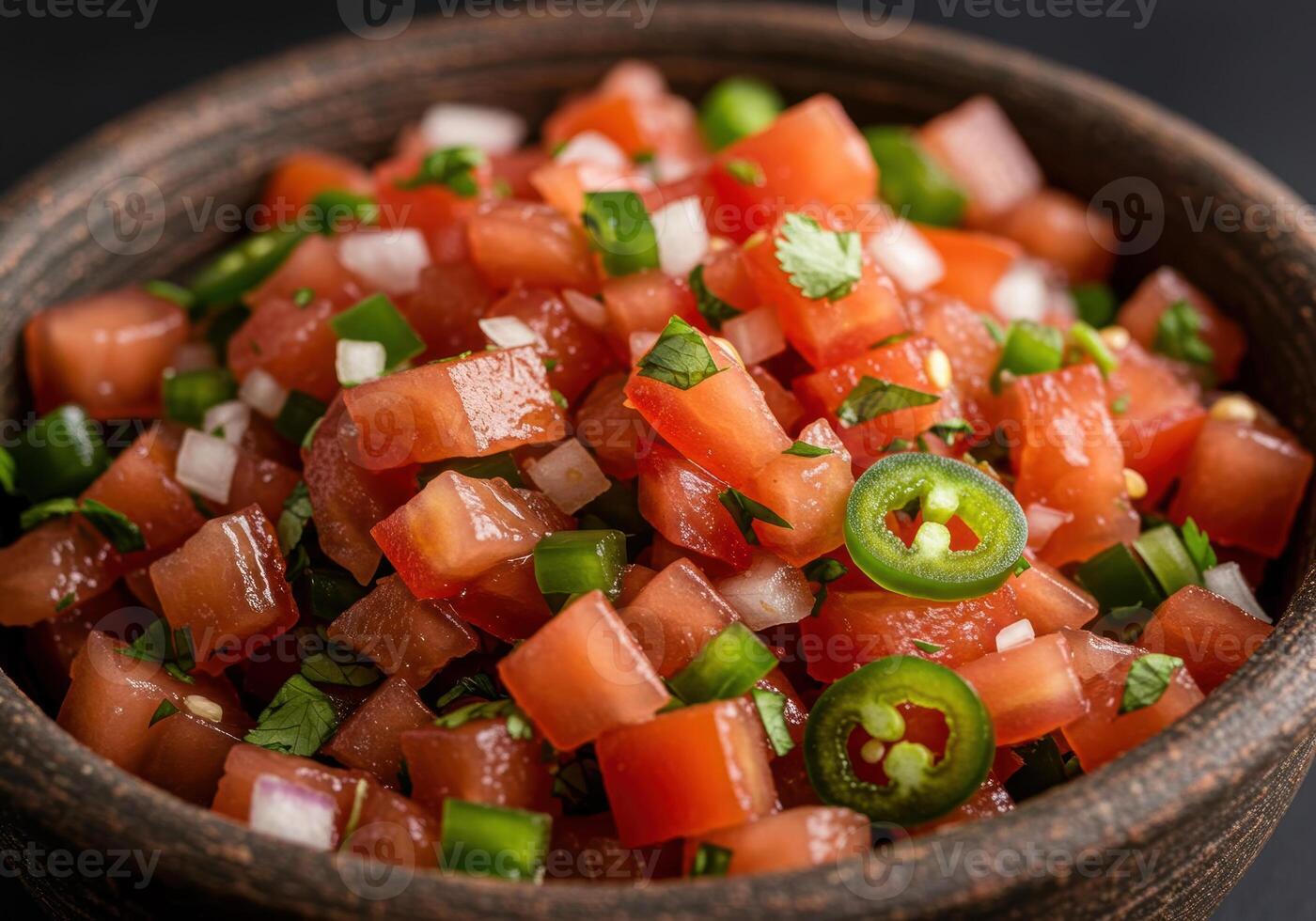 A fresh and zesty bowl of pico de gallo features diced tomatoes, onions, jalapenos, and cilantro. photo