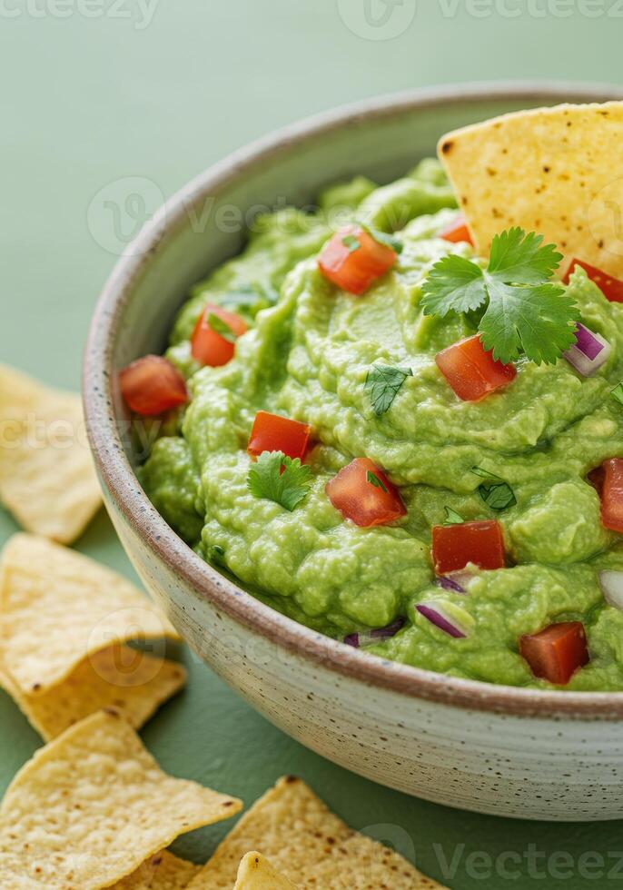 Close-up shot of a creamy bowl of fresh guacamole with tomatoes and cilantro ready to eat photo