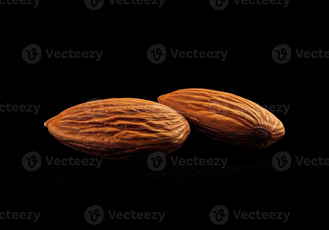 Close-up of two natural almonds highlighting their rich texture against a stark background photo