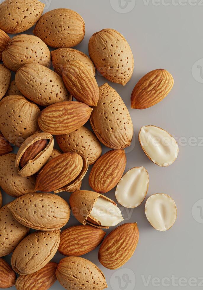 A delectable display of whole and halved almonds showcases their natural texture and rich color. photo