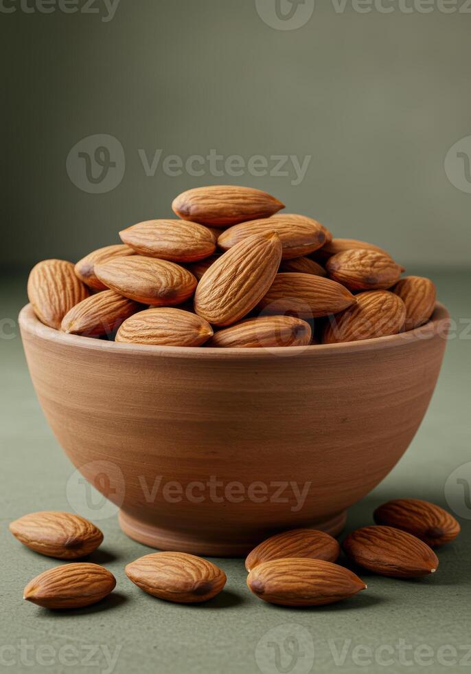 A rustic bowl overflowing with whole almonds sits elegantly on a table, perfect for healthy snacks. photo