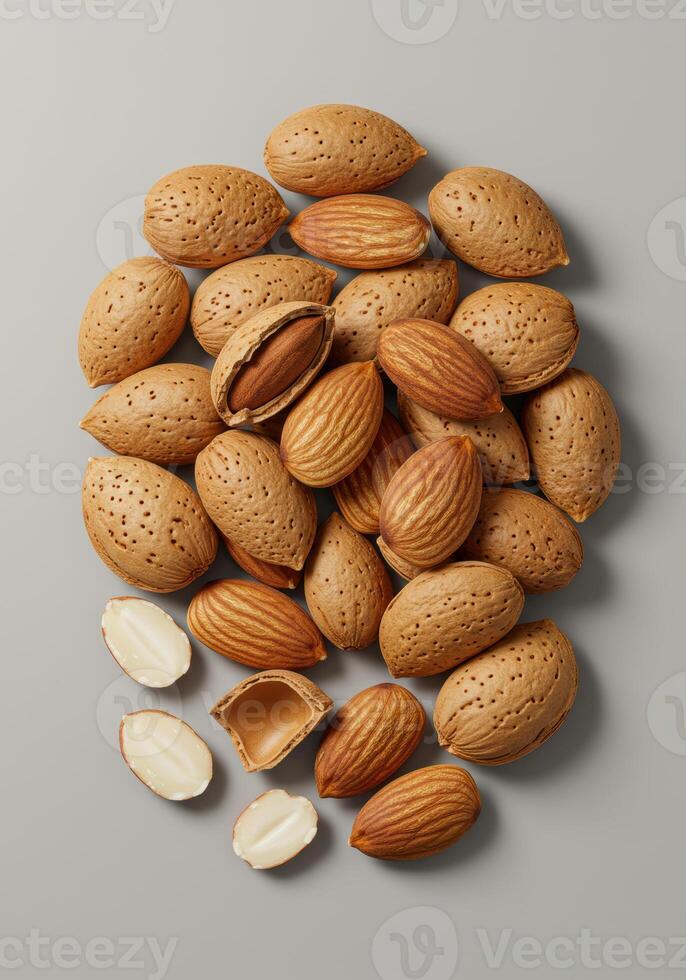 Close up of almonds in and out of shells create a visually appealing and healthy food composition. photo