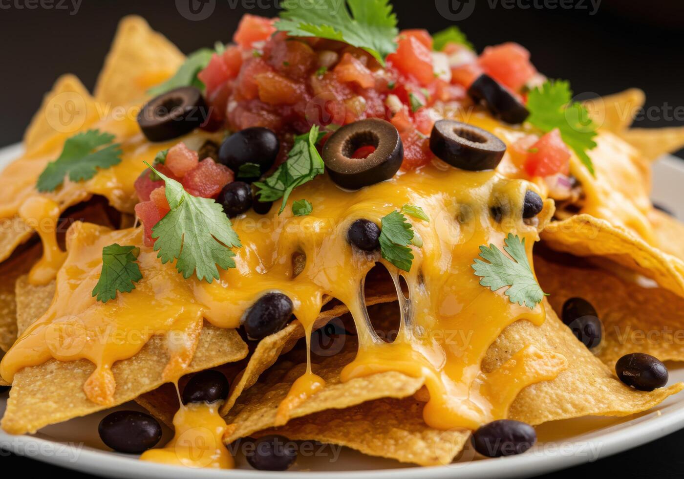 A heaping plate of cheesy nachos topped with pico de gallo and black olives looks incredibly appetizing photo
