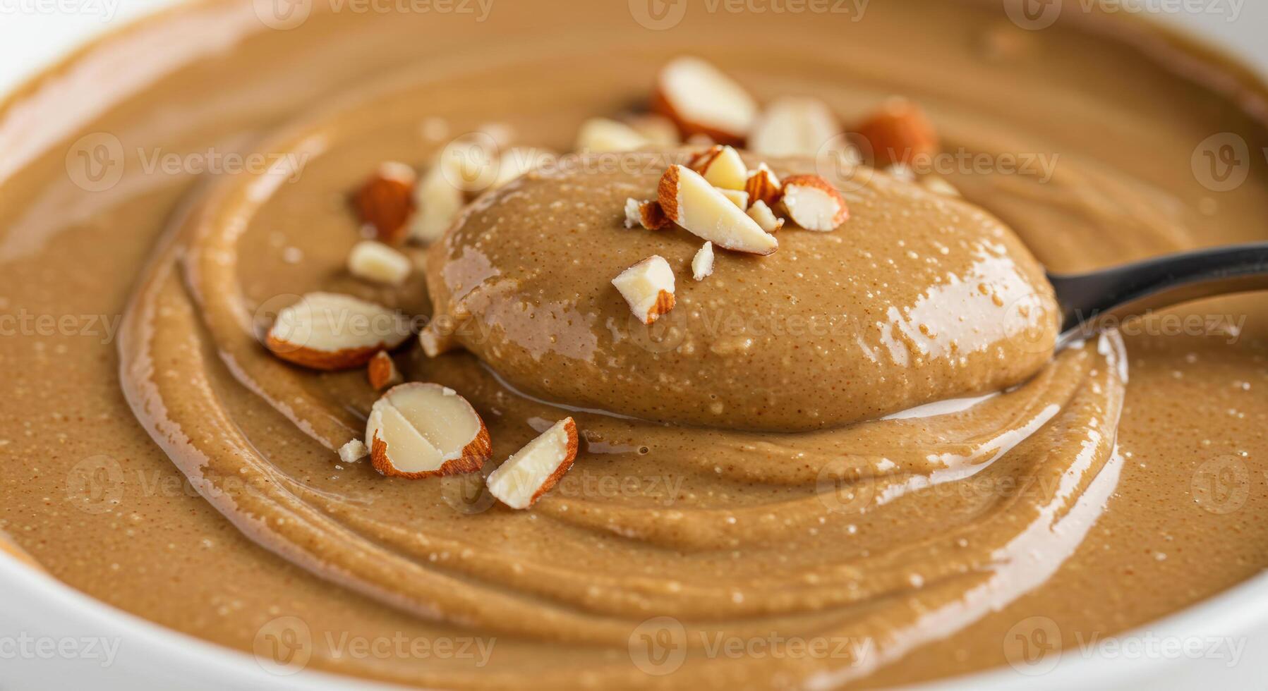 A spoonful of creamy almond butter with chopped almonds, perfect for a healthy snack or recipe ingredient photo