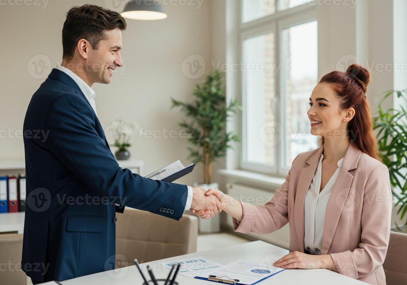 In a bright office, two professionals clasp hands, symbolizing a successful agreement. photo